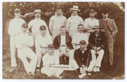 &lsquo;Nottingham XI&rsquo; c.1905. Early original sepia real photograph postcard of the Nottinghamshire team seated and standing in rows wearing cricket attire. Players featured include A.O. Jones (Captain), Oates, Iremonger, Hardstaff, Gunn etc. Foster of Brighton.
