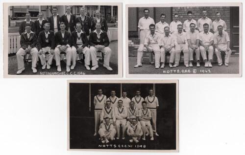 Nottinghamshire C.C.C. 1946-1948. Three original mono real photograph plain back postcards of Nottinghamshire teams of the 1940s, the players seated and standing in rows wearing cricket attire. Seasons are 1946, 1947 and 1948 with printed titles. The 1946