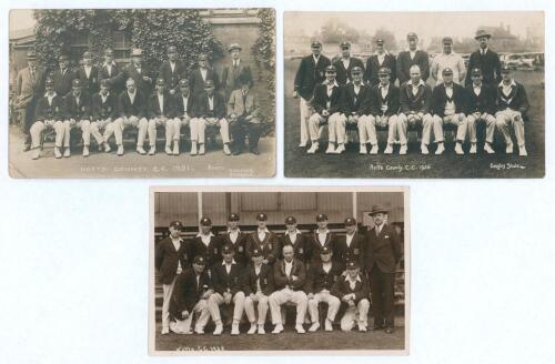 Nottinghamshire C.C.C. 1921-1928. Three mono/ sepia real photograph postcards of Nottinghamshire teams, the players seated and standing in rows wearing caps and blazers. Teams are 1921, 1926 (both Douglas Studios, postally unused) and 1928 (publisher unkn
