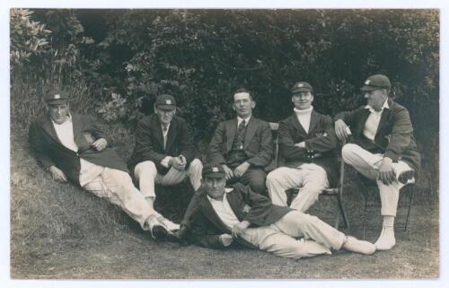 Nottinghamshire C.C.C. Professionals 1924. Sepia real photograph postcard of six Nottinghamshire professionals in informal pose, wearing cricket attire, caps and blazers. Players appear to include Barratt, Payton, Staples, Whysall, Walker etc. Photograph 