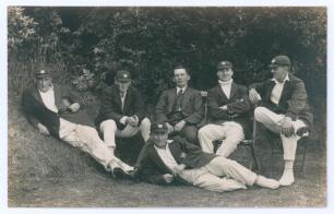 Nottinghamshire C.C.C. Professionals 1924. Sepia real photograph postcard of six Nottinghamshire professionals in informal pose, wearing cricket attire, caps and blazers. Players appear to include Barratt, Payton, Staples, Whysall, Walker etc. Photograph 