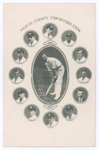 &lsquo;Notts County Cricketers 1924&rsquo;. Unusual mono real photograph postcard with captain A.W. Carr in oval to centre surrounded by cameo roundels of twelve other Nottinghamshire players, each with name printed below. Players are J. Gunn, Oates, Richmond, Matthe