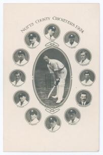 &lsquo;Notts County Cricketers 1924&rsquo;. Unusual mono real photograph postcard with captain A.W. Carr in oval to centre surrounded by cameo roundels of twelve other Nottinghamshire players, each with name printed below. Players are J. Gunn, Oates, Richmond, Matthe