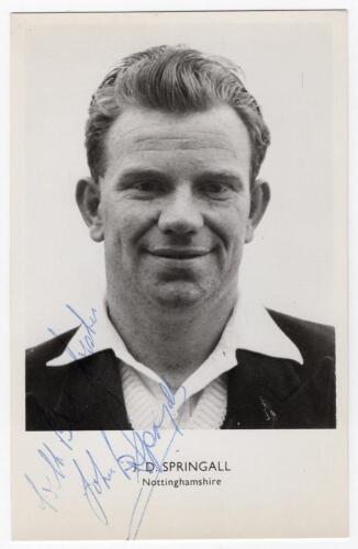 John Denis Springall. Nottinghamshire 1955-1963. Mono real photograph postcard of Springall, head and shoulders wearing cricket attire and blazer. Signed in blue biro &lsquo;With best wishes, John Springall&rsquo;. Sporting Handbooks Ltd., London. Postally unused. Ve