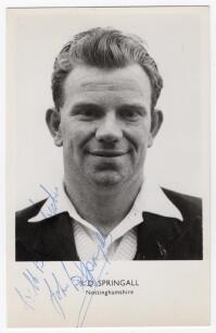 John Denis Springall. Nottinghamshire 1955-1963. Mono real photograph postcard of Springall, head and shoulders wearing cricket attire and blazer. Signed in blue biro &lsquo;With best wishes, John Springall&rsquo;. Sporting Handbooks Ltd., London. Postally unused. Ve