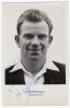 John Denis Springall. Nottinghamshire 1955-1963. Mono real photograph postcard of Springall, head and shoulders wearing cricket attire and blazer. Signed in blue biro &lsquo;With best wishes, John Springall&rsquo;. Sporting Handbooks Ltd., London. Postally unused. Ve