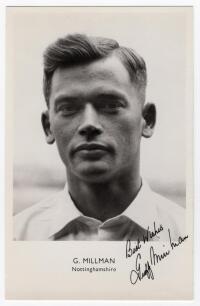Geoffrey &lsquo;Geoff&rsquo; Millman. Nottinghamshire & England 1957-1965. Mono real photograph postcard of Millman, head and shoulders wearing cricket attire. Nicely signed in black ink to the lower margin &lsquo;Best wishes, Geoff Millman&rsquo;. Sporting Handbooks Ltd., Londo