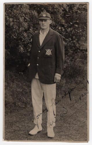 Willis Walker. Nottinghamshire 1913-1937. Original sepia real photograph postcard of Walker standing full length wearing Nottinghamshire blazer. Signed in black ink to the photograph &lsquo;Yours sincerely, W. Walker&rsquo;. Publisher unknown. The postcard has been p