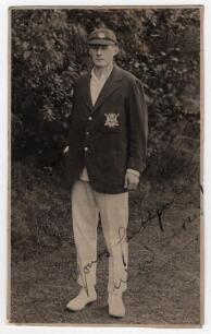 Willis Walker. Nottinghamshire 1913-1937. Original sepia real photograph postcard of Walker standing full length wearing Nottinghamshire blazer. Signed in black ink to the photograph &lsquo;Yours sincerely, W. Walker&rsquo;. Publisher unknown. The postcard has been p
