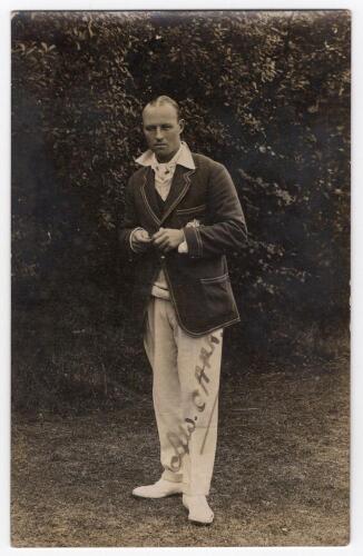 Arthur William Carr. Nottinghamshire & England 1910-1934. Original sepia real photograph postcard of Carr standing full length wearing M.C.C. touring blazer. Signed in black ink to the photograph &lsquo;A.W. Carr&rsquo;. Publisher unknown. Minor wear to corners, some