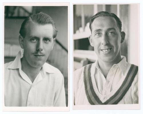 Nottinghamshire C.C.C. John Kelly (Nottinghamshire 1953-1957) and Harold James Butler (Nottinghamshire 1933-1954). Two mono real photograph plain back postcards, each player depicted head and shoulders wearing cricket attire. Both postcards with official 