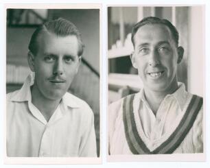 Nottinghamshire C.C.C. John Kelly (Nottinghamshire 1953-1957) and Harold James Butler (Nottinghamshire 1933-1954). Two mono real photograph plain back postcards, each player depicted head and shoulders wearing cricket attire. Both postcards with official 