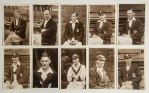 Nottinghamshire C.C.C. player postcards c.1930. Ten original sepia real photograph postcards of Nottinghamshire players, each depicted seated wearing Nottinghamshire blazer and/ or cap, one signed. All by C.H. Richards of Nottingham. Players are William W