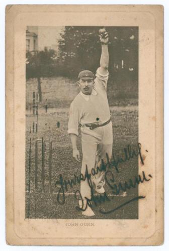 John Richmond Gunn. Nottinghamshire, London County & England 1896-1925. Early original mono postcard of Gunn standing full length wearing cricket attire and Nottinghamshire cap in bowling pose at the wicket. Nicely signed in black ink &lsquo;Yours faithfully Jo