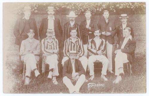 Somerset C.C.C. 1905. Early sepia real photograph postcard of the Somerset team for the match v Sussex at Hove, 15th- 17th June 1905, the players seated and standing in rows wearing assorted blazers and headgear. Players are Woods (Captain), Lewis, Newton