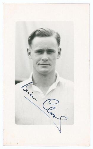 Dennis Brian Close. Yorkshire, Somerset & England 1949-1977. Mono real photograph plain back postcard of a youthful Close, head and shoulders wearing cricket attire. Very nicely signed in blue ink to the photograph by Close. Official stamp for A. Wilkes &