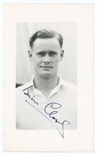 Dennis Brian Close. Yorkshire, Somerset & England 1949-1977. Mono real photograph plain back postcard of a youthful Close, head and shoulders wearing cricket attire. Very nicely signed in blue ink to the photograph by Close. Official stamp for A. Wilkes &