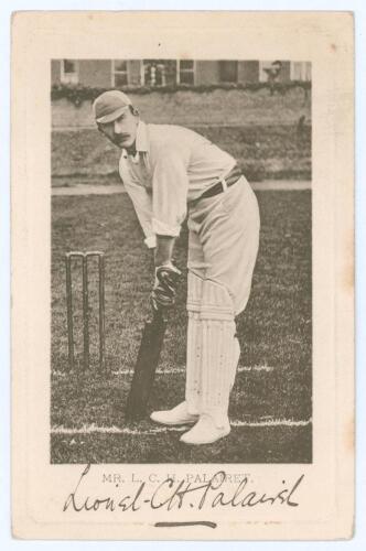 Lionel Charles Hamilton Palairet. Oxford University, Somerset & England 1890-1909. Mono postcard of Palairet in batting pose at the wicket. Beautifully signed in black ink to the lower margin &lsquo;Lionel C.H. Palairet&rsquo;. Printed title &lsquo;Mr. L.C.H. Palairet&rsquo;. Wr