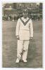 John Berry &lsquo;Jack&rsquo; Hobbs. Surrey & England, 1905-1934. Attractive mono real photograph postcard of Hobbs, full length, in cricket attire wearing M.C.C. touring cap. Very nicely signed in ink by Hobbs. Postally unused. The signature on the postcard was obta