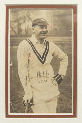 John Berry &lsquo;Jack&rsquo; Hobbs, Surrey & England 1905-1934. Sepia real photograph postcard of Hobbs standing three quarter length wearing cricket attire and cap, leaning on his bat. Nicely signed by Hobbs in black ink to the photograph and dated &lsquo;1925&rsquo;. To the v