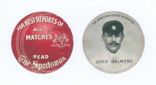 Lord Dalmeny. Middlesex & Surrey 1902-1908. Early original advertising trade card from c.1905 in the form of a cricket ball issued by &lsquo;The Sportsman&rsquo; newspaper. The front features a red ball with title &lsquo;For best reports of all matches read The Sportsman&rsquo; 