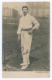 Thomas &lsquo;Tom&rsquo; Richardson. Surrey, Somerset & England 1892-1905. Early sepia real photograph postcard of Richardson standing full length at the wicket, wearing cricket attire, Surrey cap and holding a ball. Very nicely signed in black ink to the image by Ri