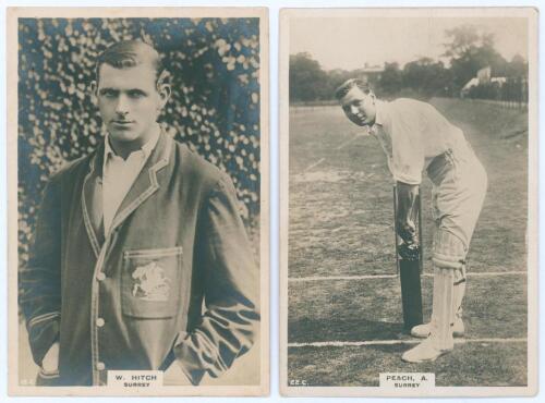 Surrey C.C.C. Two Godfrey Phillips &lsquo;Pinnace&rsquo; premium issue cabinet size mono real photograph plain back trade cards of [J.]W. Hitch (Surrey & England 1907-1925), half length wearing M.C.C. touring blazer, no. 18.C, and [H.]A. Peach (Surrey 1919-1931) in b