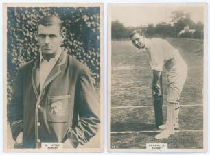 Surrey C.C.C. Two Godfrey Phillips &lsquo;Pinnace&rsquo; premium issue cabinet size mono real photograph plain back trade cards of [J.]W. Hitch (Surrey & England 1907-1925), half length wearing M.C.C. touring blazer, no. 18.C, and [H.]A. Peach (Surrey 1919-1931) in b