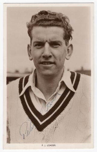 Peter James Loader. Surrey & England 1951-1963. Mono real photograph postcard of Loader, head and shoulders wearing cricket attire. Signed in blue ink to the photograph &lsquo;Peter Loader&rsquo;. Printed title to lower border, &lsquo;P.J. Loader&rsquo;. F.C. Dick, Oval Bookstal