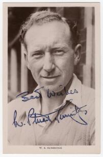 Walter Stuart Surridge. Surrey 1947-1960. Mono real photograph postcard of Surridge, head and shoulders wearing cricket attire. Signed in blue ink to the photograph &lsquo;Best wishes, W. Stuart Surridge&rsquo;. Printed title to lower border, &lsquo;W.S. Surridge&rsquo;. F.C. Di