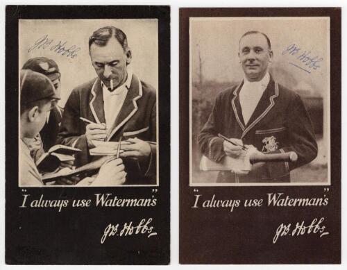 John Berry &lsquo;Jack&rsquo; Hobbs. Surrey & England 1905-1934. &lsquo;I always use Waterman&rsquo;s&rsquo;. Two different Jack Hobbs advertising postcards for Waterman&rsquo;s Pens, both signed in blue ink to the front by Hobbs. Postally unused. Good condition.