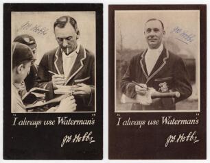 John Berry &lsquo;Jack&rsquo; Hobbs. Surrey & England 1905-1934. &lsquo;I always use Waterman&rsquo;s&rsquo;. Two different Jack Hobbs advertising postcards for Waterman&rsquo;s Pens, both signed in blue ink to the front by Hobbs. Postally unused. Good condition.