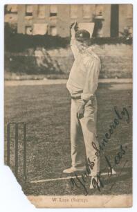 Walter Scott Lees. Surrey, London County & England 1896-1911. Early original mono postcard of Lees standing full length wearing cricket attire and Surrey cap in bowling pose at the wicket. Nicely signed in black ink &lsquo;Yours sincerely W. Lees&rsquo; to the image.