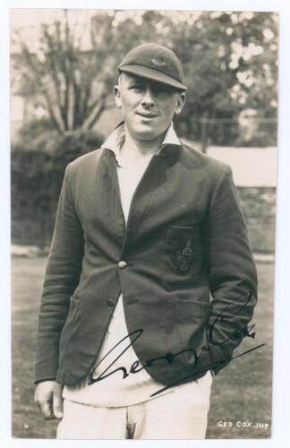 George Cox Junior. Sussex 1931-1961. Mono real photograph postcard of Cox, three quarter length, wearing Sussex cap and blazer. Very nicely signed in black ink &lsquo;George Cox&rsquo;. Printed title &lsquo;Geo Cox Jnr&rsquo;. Deane, Wiles & Millar of Brighton. Postally unused. 