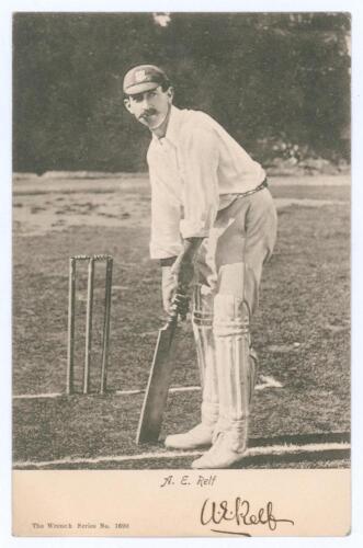Albert Edward Relf. Sussex, Auckland & England 1900-1921. Early original mono postcard of Relf standing full length at the crease in batting pose wearing Sussex cap. The postcard nicely signed in black ink to the lower margin by Relf. Wrench Series no. 16