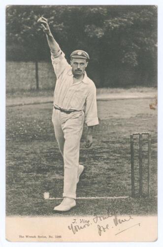 Joseph &lsquo;Joe&rsquo; Vine. Sussex & England 1896-1922. Early original mono postcard of Vine standing full length at the wicket in bowling pose, wearing Sussex cap. Signed in black ink to lower margin &lsquo;Yours truly, Joe Vine&rsquo;. Wrench Series no. 1383 c.1903. Postall