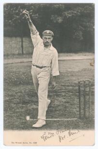Joseph &lsquo;Joe&rsquo; Vine. Sussex & England 1896-1922. Early original mono postcard of Vine standing full length at the wicket in bowling pose, wearing Sussex cap. Signed in black ink to lower margin &lsquo;Yours truly, Joe Vine&rsquo;. Wrench Series no. 1383 c.1903. Postall