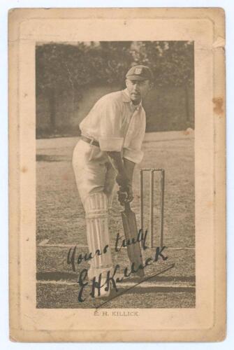 Ernest Harry &lsquo;Tim&rsquo; Killick. Sussex 1893-1913. Early original sepia postcard of Killick standing full length at the crease in batting pose wearing Sussex cap. The postcard very nicely signed to the image in black ink &lsquo;Yours truly, E.H. Killick&rsquo;. Wrench Ser