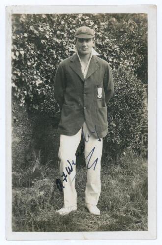 Albert Frederick &lsquo;Bert&rsquo; Wensley. Sussex, Auckland, Nawangar & Europeans 1922-1948. Mono real photograph postcard of Wensley standing full length wearing cricket attire and Sussex blazer. Nicely signed in ink by Wensley. Nias of Brighton. Postally unused. 