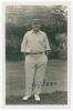 George Rubens Cox (George Cox Senior). Sussex 1895-1928. Sepia real photograph postcard of Cox standing full length wearing cricket attire and Sussex cap, hands in pockets. Very nicely signed in ink to the photograph &lsquo;G.R. Cox. Official stamps to verso fo