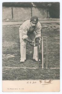 Henry Ridgen &lsquo;Harry&rsquo; Butt. Sussex & England 1890-1912. Early original mono postcard of Butt standing full length in wicket-keeping pose at the wicket, wearing Sussex cap. Signed in black ink to lower margin &lsquo;H. Butt&rsquo;. Wrench Series no. 1385 c.1903. Postal