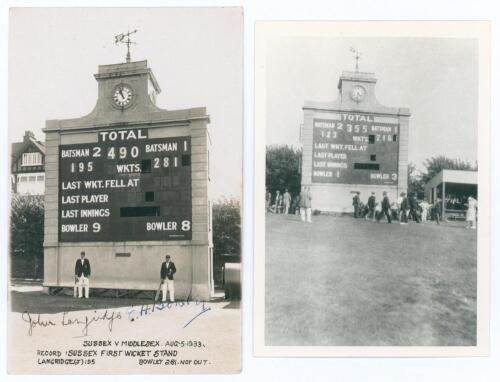 Sussex C.C.C. Record first wicket stand 1933. Mono real photograph postcard of John Langridge and Ted Bowley standing in front of the scoreboard at Hove for the match Sussex v Middlesex, 5th- 8th August 1933. The printed title describes the scoreboard sho