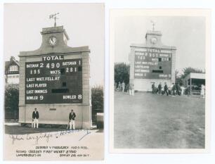 Sussex C.C.C. Record first wicket stand 1933. Mono real photograph postcard of John Langridge and Ted Bowley standing in front of the scoreboard at Hove for the match Sussex v Middlesex, 5th- 8th August 1933. The printed title describes the scoreboard sho