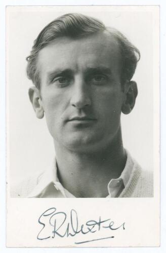 Edward Ralph &lsquo;Ted&rsquo; Dexter. Cambridge University, Sussex & England 1956-1968. Mono real photograph plain back postcard of Dexter, head and shoulders wearing cricket attire. Nicely signed in black ink to the lower margin, &lsquo;E.R. Dexter&rsquo;. Adhesive tape to ver