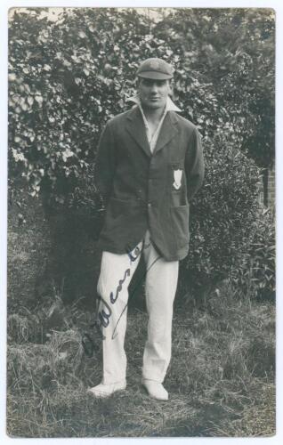 Albert Frederick &lsquo;Bert&rsquo; Wensley. Sussex, Auckland, Nawanagar & Europeans 1922-1948. Mono real photograph postcard of Wensley standing full length wearing Sussex cap and blazer. Nicely signed to the photograph in black ink, &lsquo;A.F. Wensley&rsquo;. Nias of Brighton