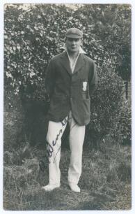 Albert Frederick &lsquo;Bert&rsquo; Wensley. Sussex, Auckland, Nawanagar & Europeans 1922-1948. Mono real photograph postcard of Wensley standing full length wearing Sussex cap and blazer. Nicely signed to the photograph in black ink, &lsquo;A.F. Wensley&rsquo;. Nias of Brighton