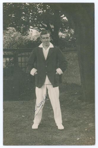 Dick Stanley Richards. Sussex 1927-1935. Early mono real photograph postcard of Richards standing full length wearing cricket attire and blazer. Signed in ink to the photograph &lsquo;D.S. Richards&rsquo;. Blind embossed stamp for Nias of Brighton to lower right corn