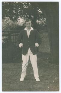 Dick Stanley Richards. Sussex 1927-1935. Early mono real photograph postcard of Richards standing full length wearing cricket attire and blazer. Signed in ink to the photograph &lsquo;D.S. Richards&rsquo;. Blind embossed stamp for Nias of Brighton to lower right corn