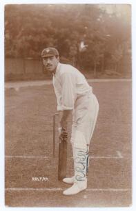 Robert Richard &lsquo;Bob&rsquo; Relf. Sussex 1905-1933. Early sepia real photograph postcard of Relf standing full length at the wicket in batting pose, wearing Sussex cap. Signed in ink to the photograph &lsquo;R.R. Relf&rsquo;. Printed title &lsquo;Relf R.R.&rsquo;. Foster of Brighton. P