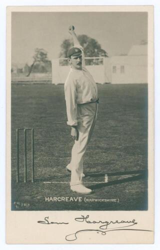 Sam Hargreave. Warwickshire 1899-1909. Excellent sepia real photograph postcard of Hargreave, standing full length at the wicket wearing cricket attire in bowling pose. Very nicely signed in black ink &lsquo;Sam Hargreave&rsquo; to lower margin. Printed title &lsquo;Hargre